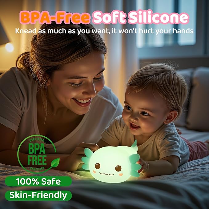 Mewaii Huggwaii Squishy Axolotl Night Light for Kids – Dimmable Silicone Axolotl Lamp, 2025 Upgraded Design, 20H Battery Life Rechargeable Lamp,Safe Sleep Aid Gift for Toddlers, Girls&Baby Room Decor