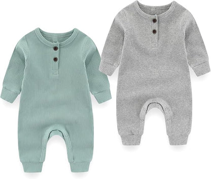 Baby Boy Girl Romper 2 Pack Long Sleeve Button Jumpsuit Cotton Unisex Infant Baby Clothes for 0-24 Months