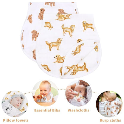 LifeTree Muslin Baby Burp Cloths - 2 Pack 70% Viscose from Bamboo and 30% Cotton Large 22'' by 10'' Absorbent Milk Spit Up Rags - Burping Cloths for Newborn, Girls Boys, GoldenRetriever & PoodleDog