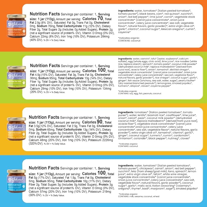 Globowl Stage 3 Baby Food & Toddler Meals, 6+ Months Early Allergen Introduction, Baby Led Weaning, International Whole Food Snacks for Toddlers, Babies, 4 oz Glass Jar, Variety 4-Pack