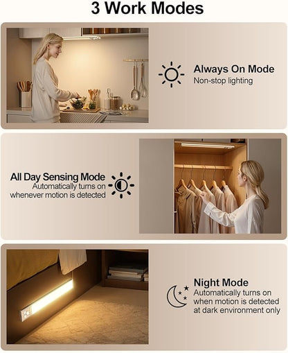 Under Cabinet Lighting, LED Motion Sensor Light Indoor with 3 Color Dimmable, 4000mAh Battery Operated Closet Lights Rechargeable Lamp, Magnetic Under Counter Night Lights Used in Cabinet (16 inches)
