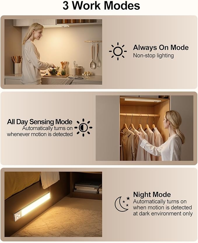 Under Cabinet Lighting, LED Motion Sensor Light Indoor with 3 Color Dimmable, 3300mAh Battery Operated Closet Lights Rechargeable Lamp, Magnetic Under Counter Night Lights Used in Cabinet (12 inches)