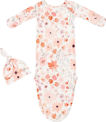 Newborn Baby Knotted Gown Sleeper Gown with Mittens Long Sleeve Nightgown Baby Coming Home Outfit with Hat 2 Pieces