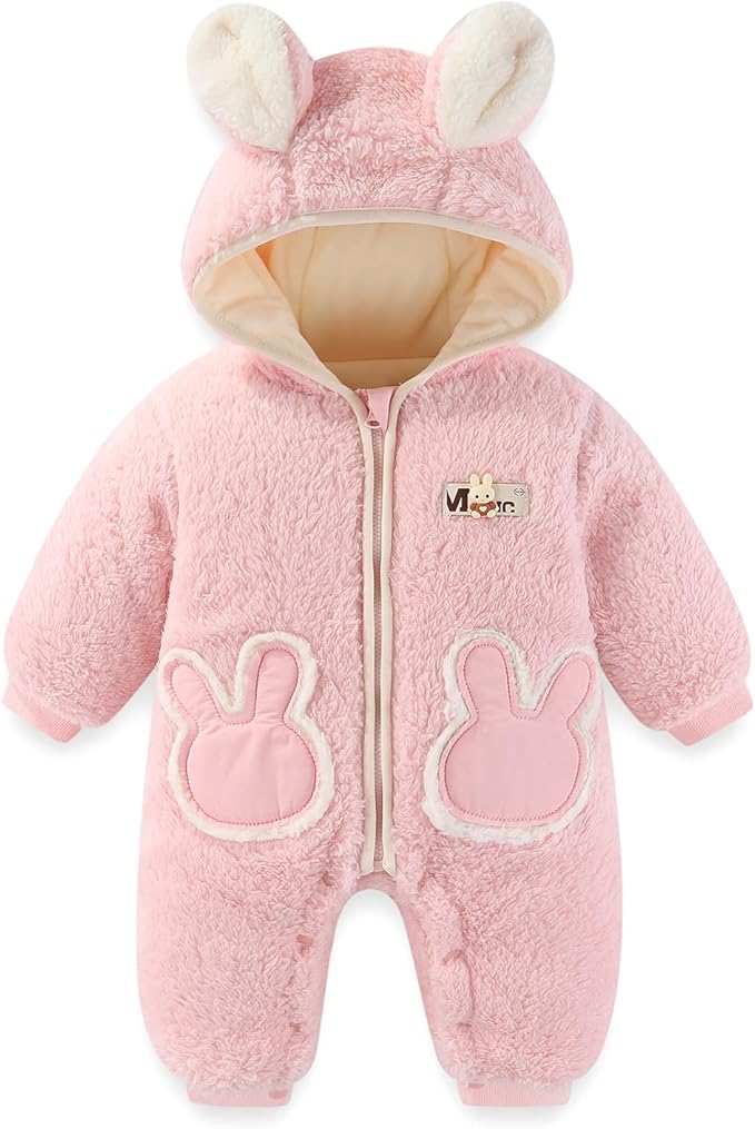 JiAmy Baby Fleece Snowsuit Newborn Hooded Winter Outfits Infant Boys Girls Hooded Zipper Jumpsuit Romper