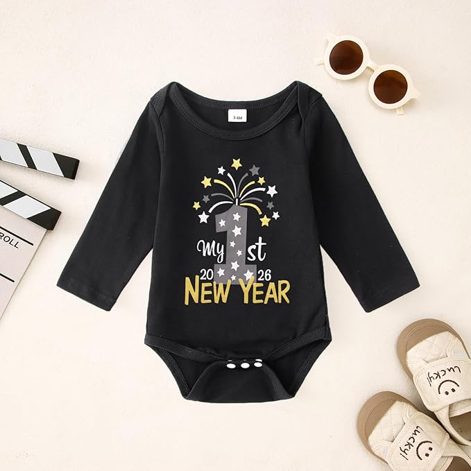 My First New Years Baby Boy Girl Outfit Newborn Long Sleeve Romper Infant Onesie Firework Print Bodysuit Clothes