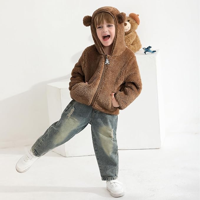 Baby Toddler Boys Girls Fleece Jacket with Hood Zip Up Cute Bear Coats for Infant Boys Girls Fuzzy Jacket with Ear 1-5T