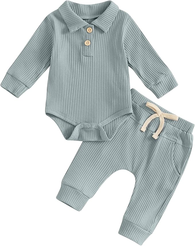 Newborn Baby Boy Girl Clothes Ribbed Knitted Long Sleeve Romper Pants Solid Cotton Infant Fall Winter Outfits 2Pcs