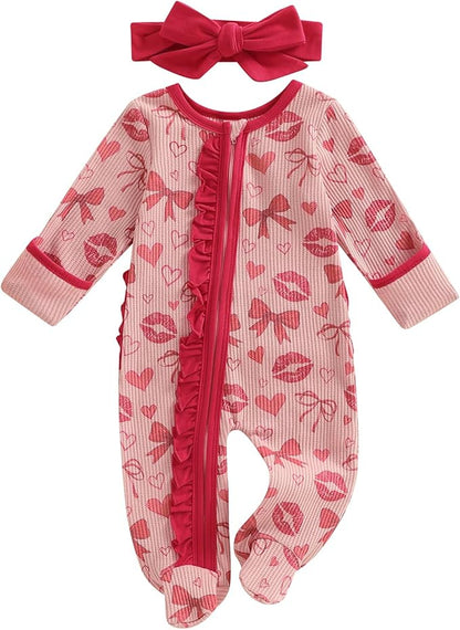 Newborn Baby Girl Valentines Day Outfit Ruffles Bow Footie Long Sleeve Romper Jumpsuit Bodysuit Overalls Fall Clothes