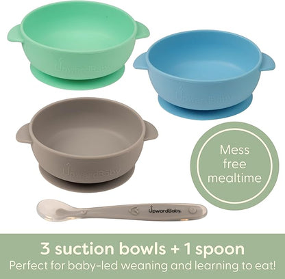 UpwardBaby Silicone Baby Bowls with Suction Set - Strong Suction Design for Toddlers 1-3, Easy-Grip Baby Spoon for Self-Feeding, BPA Free Feeding Bowls, 4-Piece Set