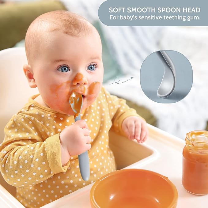 Silicone Baby Feeding Spoons, First Stage Baby Infant Spoons, Soft-Tip Easy on Gums I Training Spoon Self Feeding, Dishwasher & Boil-proof, 6 Pack