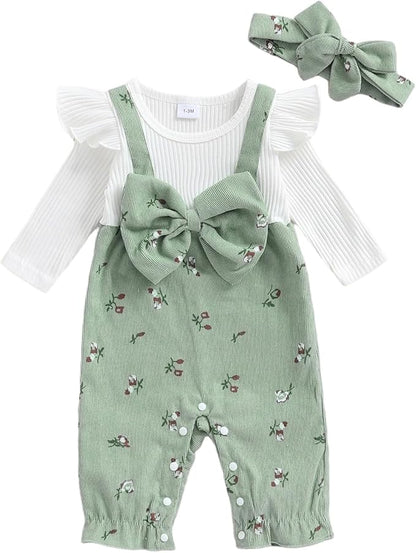 Infant Baby Girls Fall Outfit Long Sleeve Romper Floral Print Fake Two Pieces Patchwork Bow Jumpsuits And Headband Set