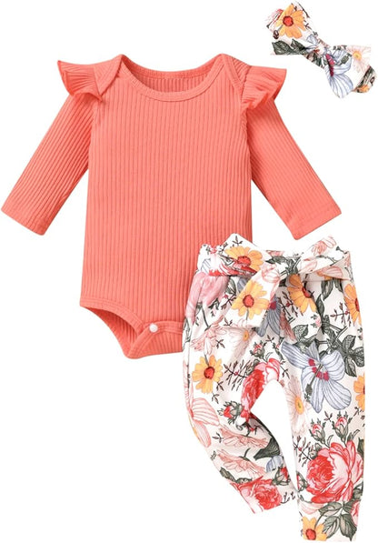 Aalizzwell Preemie Newborn Infant Baby Girls Clothes Ribbed Romper Bodysuit Pants Set Fall Winter Outfits