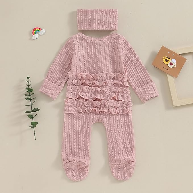 Newborn Baby Girl Fall Winter Outfits Clothes Knit Jumpsuit Ruffle Romper Newborn Coming Home Outfit for Baby Girl