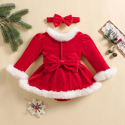 Newborn Christmas Outfit Baby Girl Plaid Romper Dress Infant Ruffle Long Sleeve Ribbed Bodysuit Headband Clothes