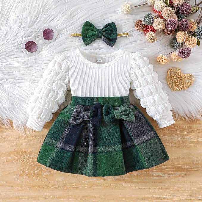 Toddler Baby Girl Plaid Dress Puff Sleeve Bow Patchwork Ribbed Shirts Dress Plaid Fall Winter Outfits with Headband
