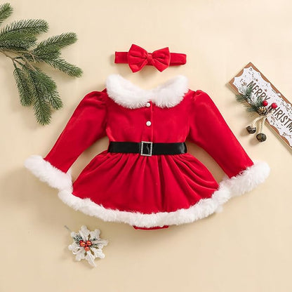 Newborn Christmas Outfit Baby Girl Plaid Romper Dress Infant Ruffle Long Sleeve Ribbed Bodysuit Headband Clothes