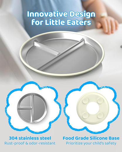 Stainless Steel Kids Plates (2 Pack): 9" Divided Plates with Silicone Suction for Babies, Unbreakable Dinner Dishes for Toddlers, Non Toxic, BPA Free, Anti-Slip, Dishwasher Safe (Bule & Yellow)