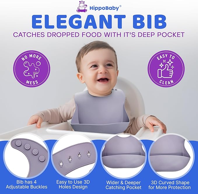 Baby Led Weaning Supplies | 10 Piece Silicone Feeding Set | Baby Toddler Bib Cup Divided Plate and Bowl Self Feeding Spoons Dish Set | Baby Utensils | Toddler Feeding Supplies (Lavender)