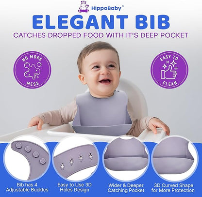 Baby Led Weaning Supplies | 10 Piece Silicone Feeding Set | Baby Toddler Bib Cup Divided Plate and Bowl Self Feeding Spoons Dish Set | Baby Utensils | Toddler Feeding Supplies (Lavender)