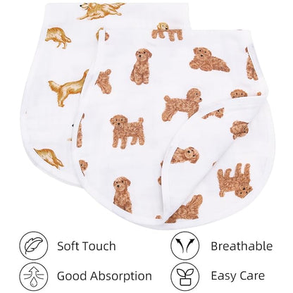 LifeTree Muslin Baby Burp Cloths - 2 Pack 70% Viscose from Bamboo and 30% Cotton Large 22'' by 10'' Absorbent Milk Spit Up Rags - Burping Cloths for Newborn, Girls Boys, GoldenRetriever & PoodleDog