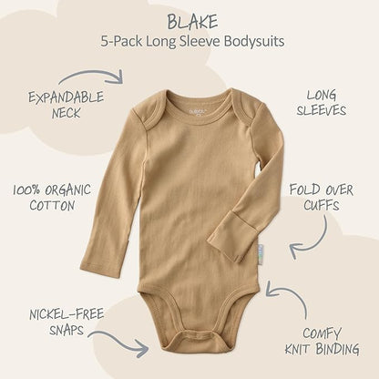 Blake 5-Pack Long Sleeve Bodysuits 100% Organic Cotton Baby Boys & Girls