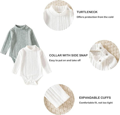 DEFAHN Baby Turtleneck Bodysuit Long Sleeve Boy Girl Ribbed Knit Jumpsuit Outfit 2 Pack Baby Solid Onsies 0-24 Months