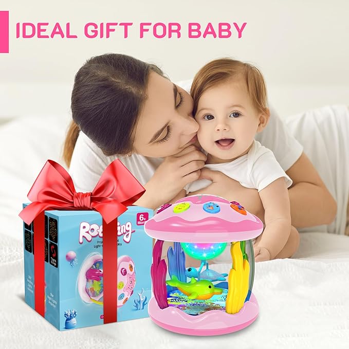 Baby Toys 6-12 Months - Musical Light Up Rotating Toys, Pink Ocean Projector for Infant 9-12-18 Month, Learning Visual & Hearing & Crawling Skill, Birthday Gifts for Toddler Boys Girls 1 2 3 Years Old