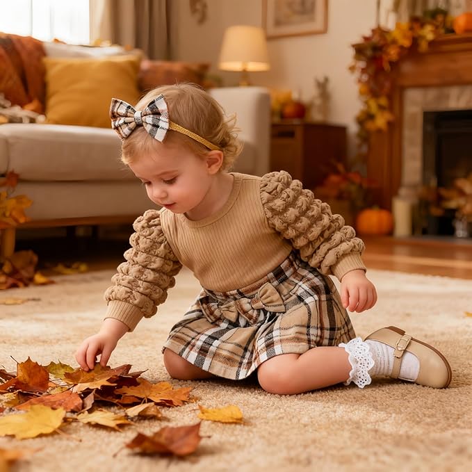 Toddler Baby Girl Plaid Dress Puff Sleeve Bow Patchwork Ribbed Shirts Dress Plaid Fall Winter Outfits with Headband