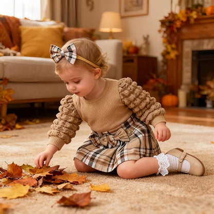 Toddler Baby Girl Plaid Dress Puff Sleeve Bow Patchwork Ribbed Shirts Dress Plaid Fall Winter Outfits with Headband
