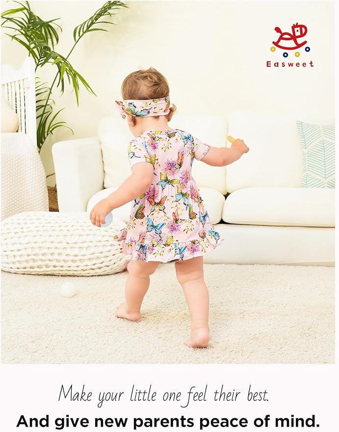 Infant Baby Girl Bodysuit Dress with Hairband Set, Bamboo Viscose Summer Clothes Outfit