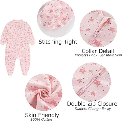 Newborn Baby One-Piece Footies Romper 2-Way Zip Cotton Bodysuit Long-Sleeve Jumsuit 4-Pack, 0-12 Months