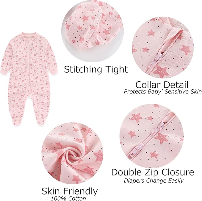 Newborn Baby One-Piece Footies Romper 2-Way Zip Cotton Bodysuit Long-Sleeve Jumsuit 4-Pack, 0-12 Months