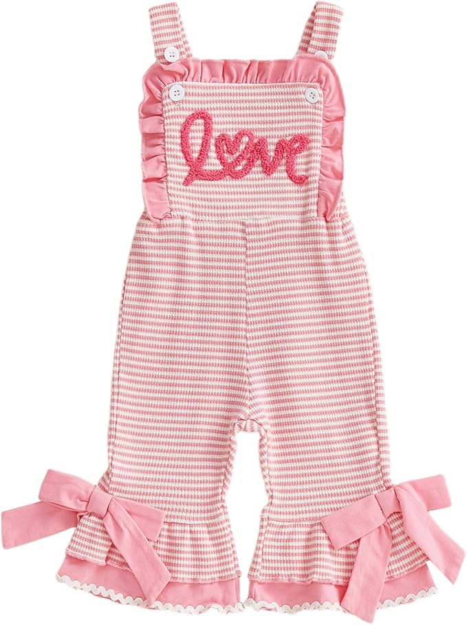 Toddler Baby Girl Valentines Day Outfit Infant Love Romper Ruffle Jumpsuit Overalls Cute Spring Valentines Clothes