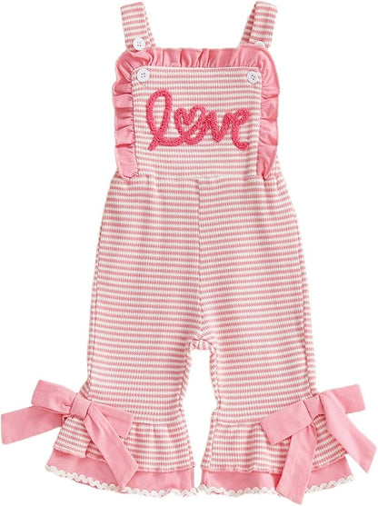 Toddler Baby Girl Valentines Day Outfit Infant Love Romper Ruffle Jumpsuit Overalls Cute Spring Valentines Clothes