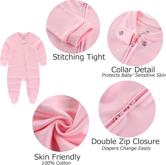 Newborn Baby Boy Girls Clothes 2-Way Zip Footed Cotton Bodysuit 3-Pack Long Sleeve Outfits 0-12Months Baby Pajamas
