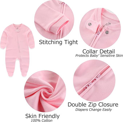 Newborn Baby Boy Girls Clothes 2-Way Zip Footed Cotton Bodysuit 3-Pack Long Sleeve Outfits 0-12Months Baby Pajamas