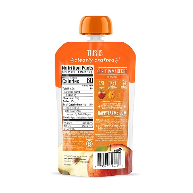 Happy Baby Organics Stage 2 Baby Food Pouches, Gluten Free, Vegan & Healthy Snack, Clearly Crafted Fruit & Veggie Puree, Apples, Pumpkin & Carrots, 4 Ounces (Pack of 16)