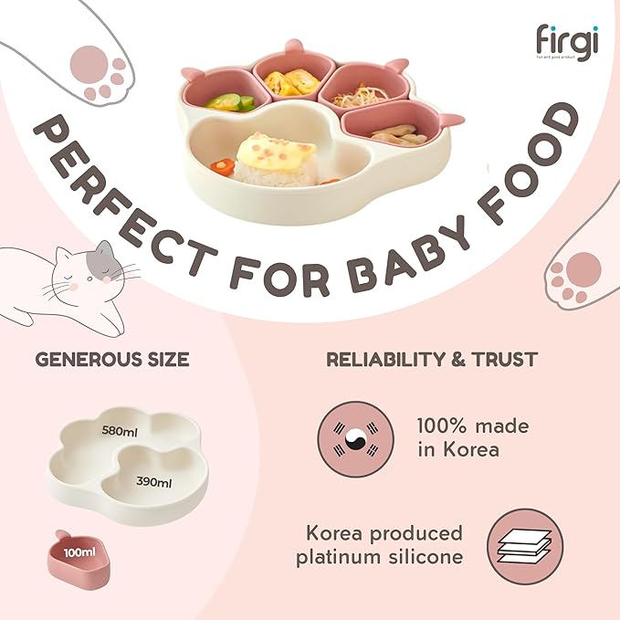 MEOW Dry Rose Divided Silicone Toddler Suction Plates Non-Slip Silicon Plate for Baby Led Weaning Supplies BPA Free Travel Non-Toxic Kids Tray with Suction