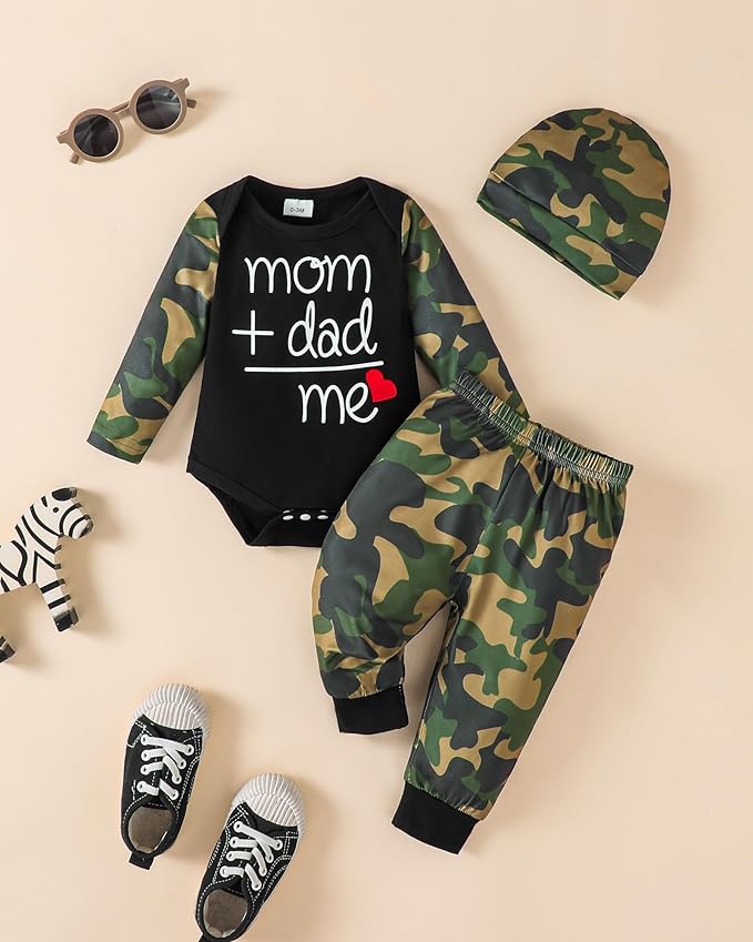 Baby Boy Clothes Infant Newborn Fall Winter Outfits Long Sleeve Letter Print Romper + Hat + Pants Set