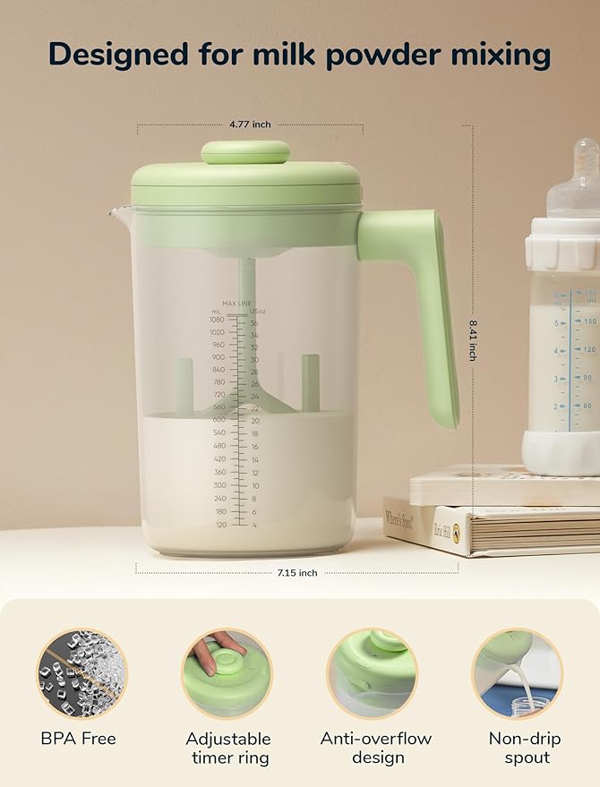 Electric Formula Pitcher, 36 oz Baby Formula Mixing Pitcher, Automatic Baby Formula Mixer, Bidirectional Stirring Breastmilk Pitcher, Locking Lid Smooth Formula Maker Milk Storage for Fridge（Green)