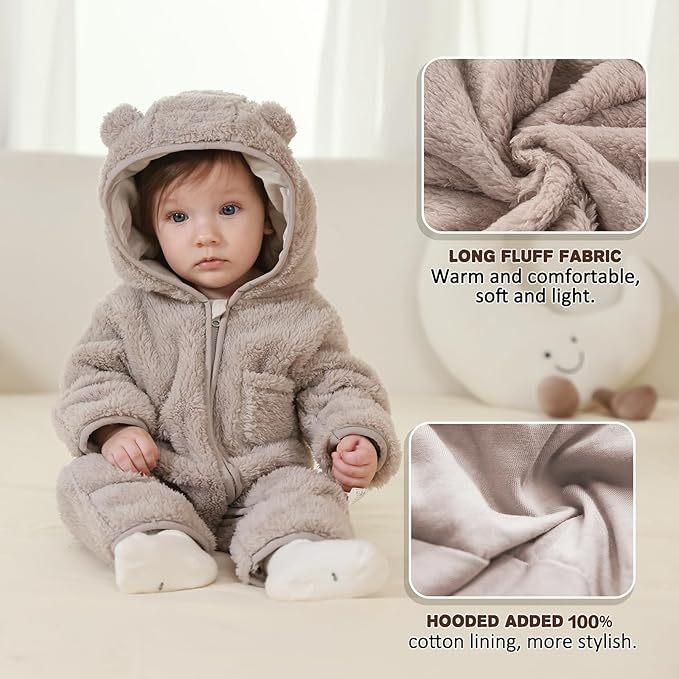 Newborn Baby Bear Outfit With Fold-Over Mittens and Footies Girls Boys Winter Fleece Clothes Hooded Romper Snowsuit