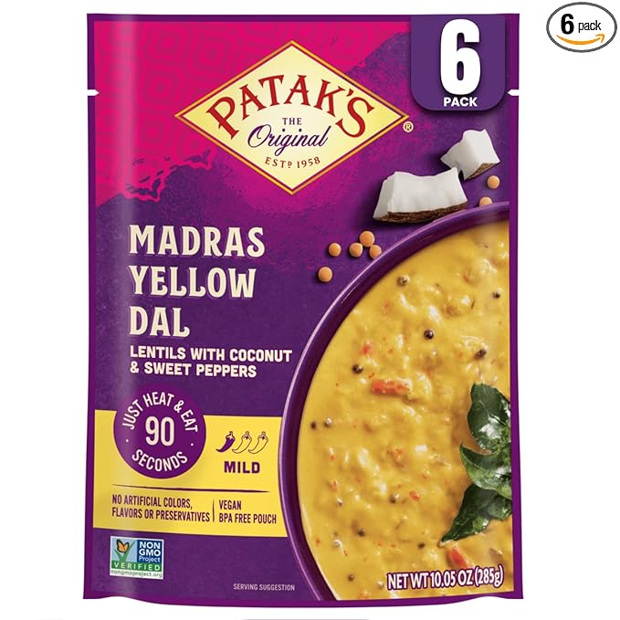 Patak’s Madras Yellow Dal - Savory Yellow Lentils in Creamy Coconut Milk w/Sweet Peppers & Spices - Vegan Microwaveable Meal for Quick Lunches or Dinners - Serve w/Rice or Naan - 10.05oz (Pack of 6)
