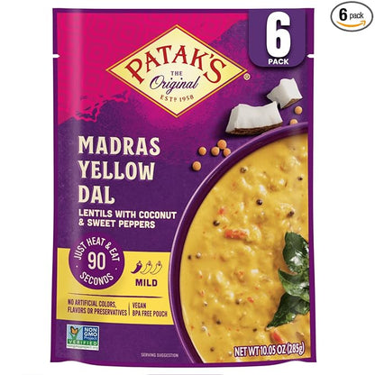 Patak’s Madras Yellow Dal - Savory Yellow Lentils in Creamy Coconut Milk w/Sweet Peppers & Spices - Vegan Microwaveable Meal for Quick Lunches or Dinners - Serve w/Rice or Naan - 10.05oz (Pack of 6)
