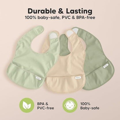 3-Pack Waterproof Baby Bibs for Eating - Lightweight Toddler Feeding Bibs with Large Food Catcher, Mess Proof, Food-Grade Baby Eating Essentials, Easy to Put On & Clean (Jade)