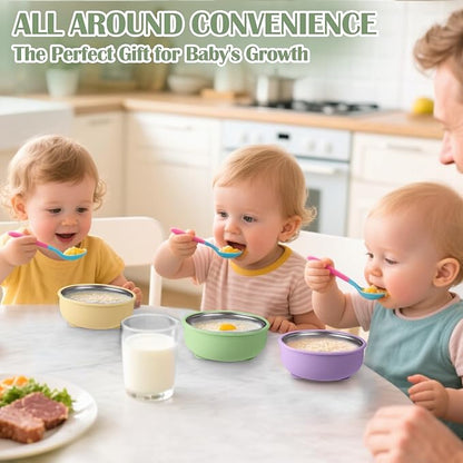 Mity rain Stainless Steel & Silicone Bowls for Baby - 4-Piece Suction Plates & Bowls for Toddlers,Removable Silicone Shell,Non-Slip Baby Food Bowl with Unbreakable Design (Baby Bowls with Suction)