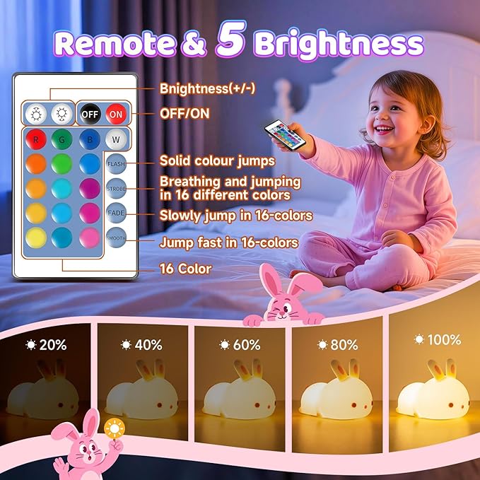One Fire Bunny Toys for Kids Night Light for Kids with Remote, 16 Colors+5 Brightness Cute Lamp, Soft Silicone Baby Night Light, 1200mAh Portable Dimmable Touch Lamps, Kawaii Room Decor