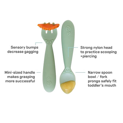 ezpz Mini Utensils - 12 Months+ (Fork & Spoon in Sage) - 100% BPA Free Fork and Spoon - Toddler Utensils - Designed by a Pediatric Feeding Specialist
