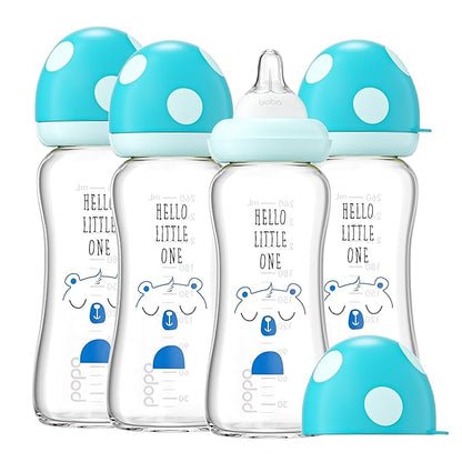 YOHKOH Natural Glass Baby Bottle with Level 2 Medium Flow Nipple, Newborn Anti-Colic Baby Bottles, Wide Neck Mushroom Baby Glass Bottle (8.8ounce (Pack of 4), Blue1)