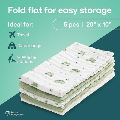 Koala Babycare 5 Pack 20"x10" Muslin Burp Cloths for Baby Boys and Girls - GOTS & Oeko-TEX Cotton Burp Rags for Newborns - Absorbent Neutral Burping Cloths for Feeding - Washable Baby Bibs Essentials