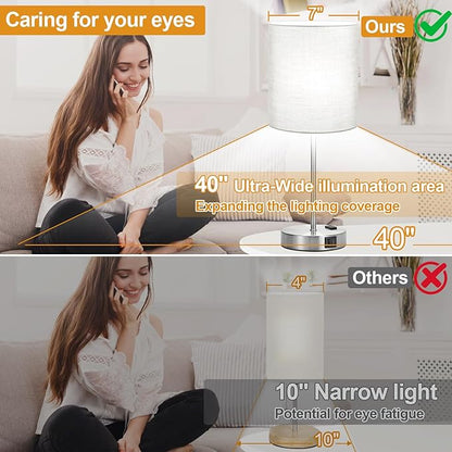 Set of 2 Grey Touch Control Table Lamps with 2 USB Ports & AC Outlet, 3-Way Dimmable Bedside Nightstand Lamps, Desk Lamp for Bedroom Living Room Nursery, 800 Lumens 5000K Daylight Bulbs Included